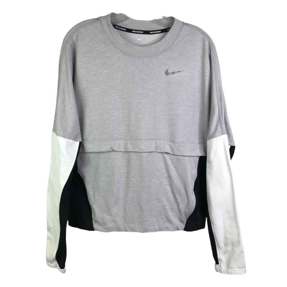 Nike Running Sweatshirt Womens L Gray Black White Colorblock Zip Pocket Stretch